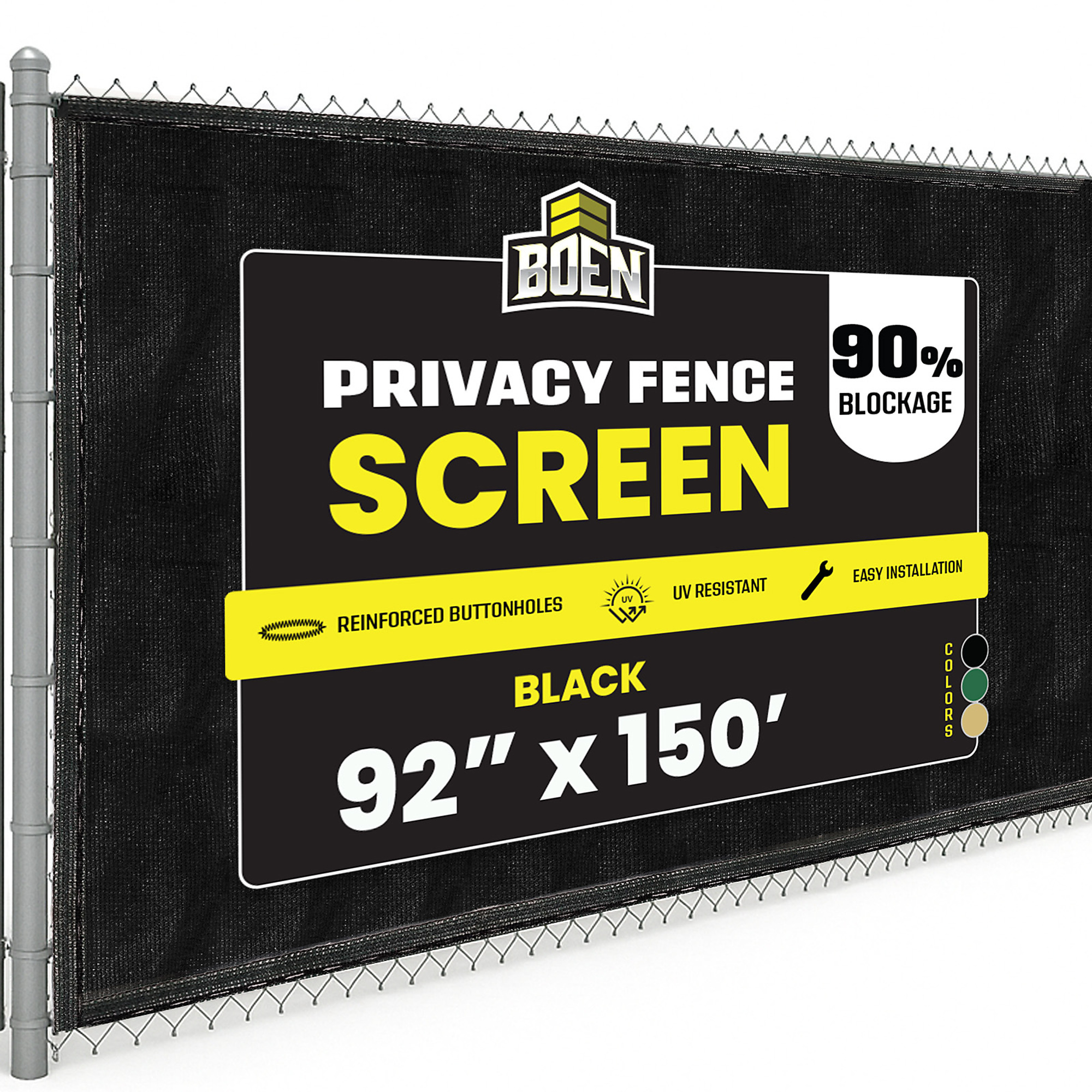 Boen Black Privacy Screen Fence, 92 in x 150 ft, Netting Mesh Fabric Windscreen with Woven Eyelets for Garden Fence Or Any Outdoor Metal or Wooden Fencing